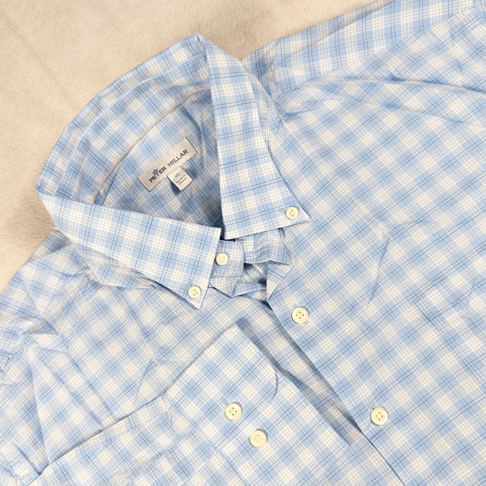Peter Millar Mens XL Blue White Plaid Button Down Shirt Cotton Stretch